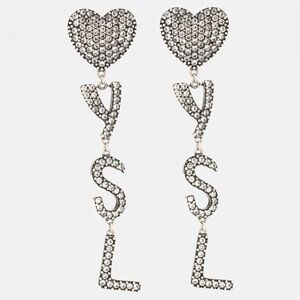 Saint Laurent Silver YSL Crystal Heart Earrings